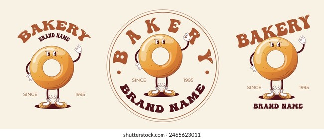 Ein Satz von Logos für eine Bäckerei mit einem lustigen Charakter Bagel im Retro-Stil. Das Logo der Bäckerei ist im Vintage-Stil mit einem fröhlichen Bagel-Maskottchen für Branding.