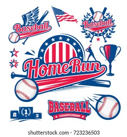 Set Of Logos Of Baseball, Ball, Bit, Player, Run To Base, Home Run