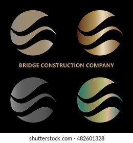 Set of logos of bridge construction in metal colors in circle style with wave in the center figure. Logotype for business. Vector illustration.