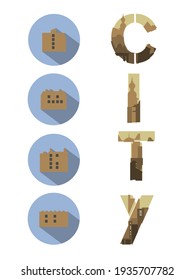 Set of logos of buildings in circles. Decorative city font