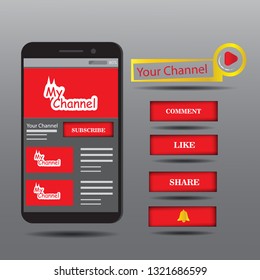 a set of logos and buttons for social media you tube with smartphone design.