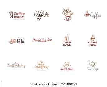 set of logos for cafe, bakery, restaurant, cafeteria, pastry shop, tea and coffee shop