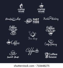 set of logos for cafe, restaurant, pastry shop, bakery, tea, coffee, sweetshop
