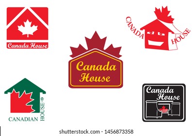 Set of logos with Canadian message. For such business as construction, building, hospitality, cafe, bar, club, hotel. Is used image of house and maple leaf. Red color.  Vector.