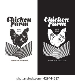 Set of logos with a chicken on the field. concept of symbol with chicken for selling meat and eggs