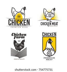 set of logos with chicken, vector illustration, isolated on a white background, with different logos chicken and yellow, simple logos about chicken, meat and eggs, the production of poultry meat