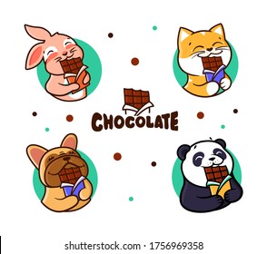 Conjunto de logos Chocolate. Los animales de los logos comen chocolate. Animales divertidos: panda, perro, gato, conejito de fondo blanco aislado. Ilustración vectorial de colección