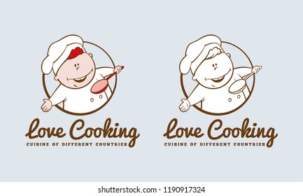 Set of logos in a circle. Happy fatty chef with a spoon in hand