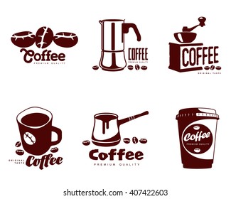 Set of logos with coffee. Two-color icons with coffee maker, mug and beans, vector illustration