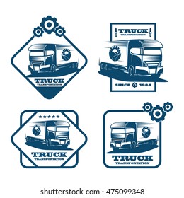 set of logos for the company, which is engaged in cargo transportation over long distances, large trucks for delivery of equipment and various cargoes