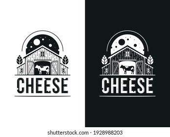 Set of logos  with a cow inside a wooden house or barn with a sloping roof, windows and gates. Behind the foliage of the trees, the night starry sky and a huge moon like cheese with holes
