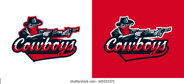 A set of logos of a cowboy shooting from a revolver. Wild west, bandits, sheriff, crime. Mascot, sticker, emblem, lettering. Sports identity, vector illustration.