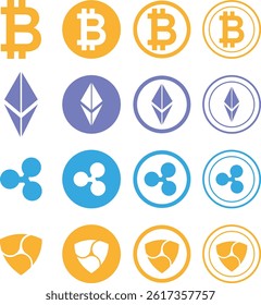 Set Logos Crypto Currencies Bitcoin Ethereum Ripple NEM Icon vector