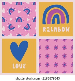 Set of logos with cute and colorful hand-written elements in vector. Rainbow, leaves, heart and star. Perfect for button, social media, icon, trendy sign
