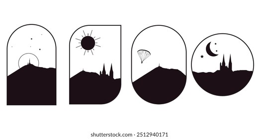 Set Logos de la ville de Clermont-Ferrand avec la cathédrale et le Puy de Dôme. Silhouettes dans différentes formes. Noir et blanc. Puy de Dôme. Contours lignes noires. Auvergne - Stock vector