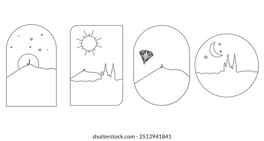 Set Logos de la ville de Clermont-Ferrand avec la cathédrale et le Puy de Dôme. Silhouettes dans différentes formes. Noir et blanc. Puy de Dôme. Contours lignes noires. Auvergne - Stock vector