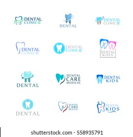  Set of logos dental care clinic, dentistry for kids. Teeth abstract icons.  Can be used as logo for dental, dentist or stomatology clinic, teeth care and health concept.