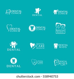  Set of logos dental care clinic, dentistry for kids. Teeth abstract icons. Can be used as logo for dental, dentist or stomatology clinic, teeth care and health concept.