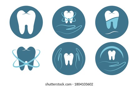 Set of logos for dentistry, dental care. Vector illustration for printing on packages with toothpaste, toothbrush, banner, poster.