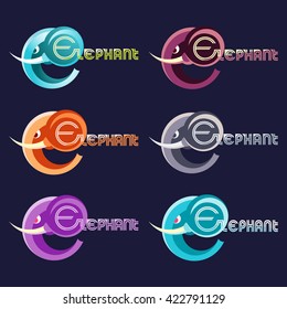 A set of logos depicting elephants in different color variations