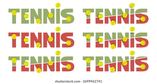 Set of logos and design concepts for word "TENNIS" that utilize sporting colors of clay court and tennis balls to create dynamic and recognizable visual identity. Vector illustration.