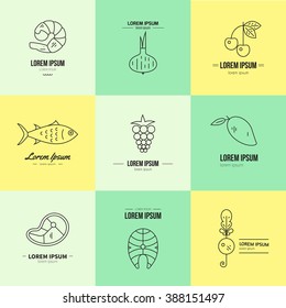 Set of logos with different products for local shops and markets. Tuna, steak, salmon, cherry and other food.