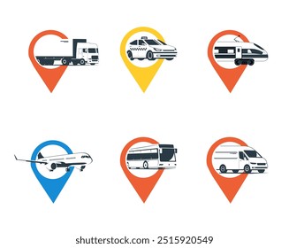 Set of logos with different vehicles and navigation sign. Vector illustration.