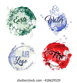 Set of logos for Earth, Air, Fire and Sea or Water Logos. Watercolor traced. Hand drawn background, logo, banner or poster. Vector illustration.