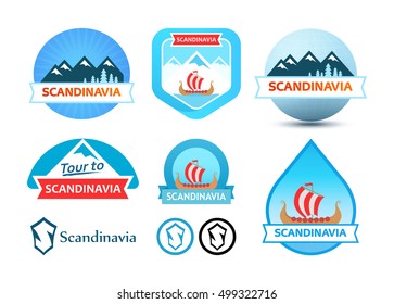 Set of Logos and Emblem for Travel to Scandinavia. Vector Nature Landscapes on badges and Norway sailboat Drakkar.