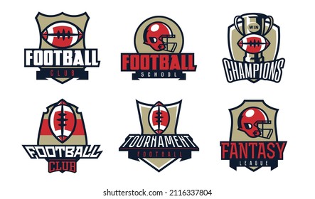 Set of logos, emblems american football. Collection of american football emblems. Sports championship, league champions, training school, helmet and ball. Vector illustration isolated on background