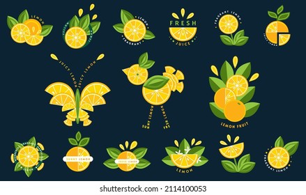 Set of logos, emblems, badges with lemon, green leaves, fruit slices. Some emblems in the shape of bird, butterfly, flower. Good for decoration of food packaging, agriculture stores, advertising