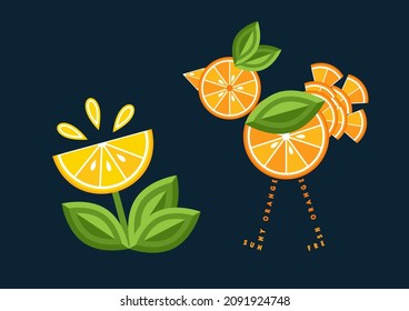 Set of logos, emblems, badges with orange, lemon, green leaves, fruit slices. Good for decoration of food packaging, groceries, agriculture stores, advertising. Flat style