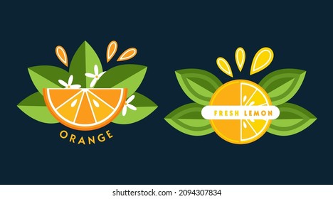 Set of logos, emblems, badges with orange, lemon, green leaves, fruit slices. Good for decoration of food packaging, groceries, agriculture stores, advertising. Flat style