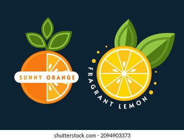 Logos, Embleme, Abzeichen mit Orange, Zitrone, grüne Blätter, Obstscheiben. Gut für die Dekoration von Lebensmittelverpackungen, Lebensmitteln, Agrarläden, Werbung. Flachstil