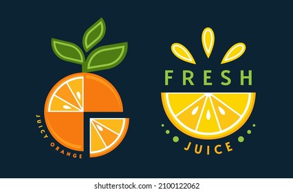 Conjunto de logotipos, emblemas, insignias con naranja, limón, hojas verdes, rodajas de frutas. Buena decoración de empaque de alimentos, comestibles, tiendas agrícolas, publicidad. Estilo plano