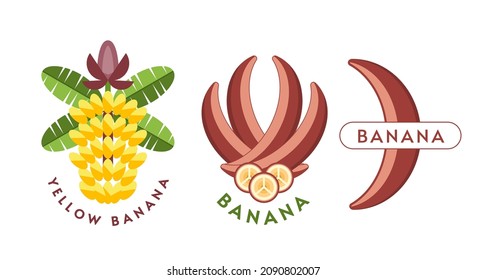 Conjunto de logos (emblemas, insignias) con bananas amarillas, rojas, bananas florales, hojas, rodajas, panecillos de bananas. Ilustración vectorial aislada. Buena decoración de paquetes de comida, creación de pegatinas. Plano