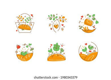 Set of logos and emblems for bakery with baked goods. Eco and organic food concept. Vector collection of round logo decorated with greens and hearts flat illustration