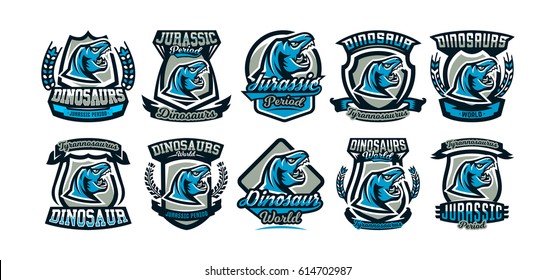 A set of logos, emblems of the dinosaur, Jurassic period. Vector illustration, printing on T-shirts.