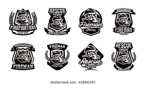 A set of logos, emblems, a fireman in a gas mask.