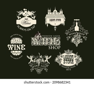 Conjunto de logotipos, emblemas, etiquetas, insignias, etiquetas para una tienda de vinos o licores. Etiquetas vectoriales con dibujos ornamentales e inscripciones en estilo vintage