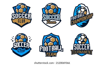 Set of logos, emblems of soccer. Colorful collection of soccer emblems. Football sport tournament logo template, football leagues, championship. Shield, ball, font. Isolated vector illustration