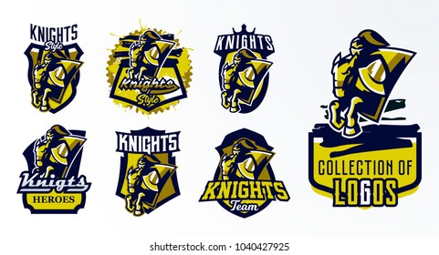 A set of logos, emblems, stickers, badges of a knight galloping on a horse. Warrior in iron armor, swordsman, crusader, hero, mascot, stallion, shield. T-shirt printing, vector illustration