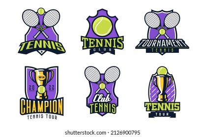 Set of logos, emblems of tennis. Colorful collection of tennis emblems. Logo template for sports tournaments, sports leagues, tours, championship, champion, club. Racket, ball, cup. Isolated vector