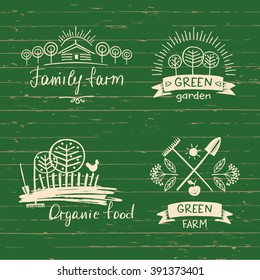 Set Logos Family Farm.Logo Organic Food. Hand Drawn Element For Eco Food. Ecology Natural Product. Sketch Farm Logo. 