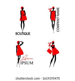 Set logos with fashion woman and text. Black silhouette of lady in red dress. An excellent logo template for your company. Images can be used with many kind of business