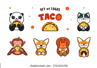 Conjunto de logotipos Comida rápida. Los Logotipos animales comen pizza. Animales divertidos: panda, perro, gato, zorro, ardilla, mono con fondo blanco aislado. Ilustración vectorial de colección