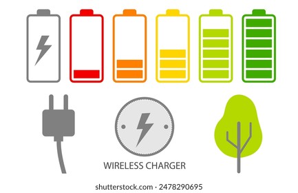Set of logos featuring a wireless charger with waves and battery charging level indicators. Fast wireless charging technology. Wireless charger icon with lightning and waves.