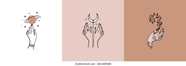 Set of logos of female hands, linear drawing. Vector design templates with different hand gestures, moon, crescent moon, stars, planet, plant. For cosmetics, beauty, tattoo, astrology, manicure, jewel
