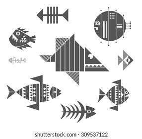 Set of logos of fishes. Isolated On White Background. Vector Illustration, Graphic Design. Geometrical, ethnic style