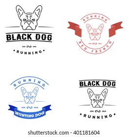 Set of logos with french bulldog and tape. Nanoline style